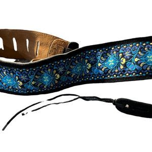 Boho Black Suede and Blue Embroidered Fabric Tie Belt